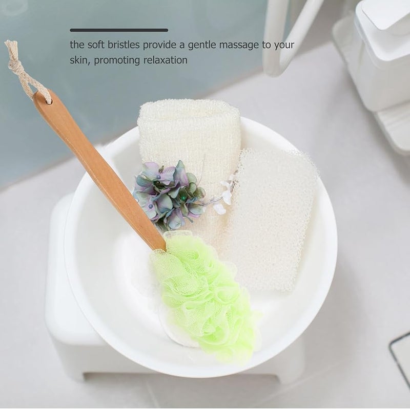 Long Handle Back Scrubber Bath Brush Wood Handle Exfoliating Shower Washer Green White - Image 3